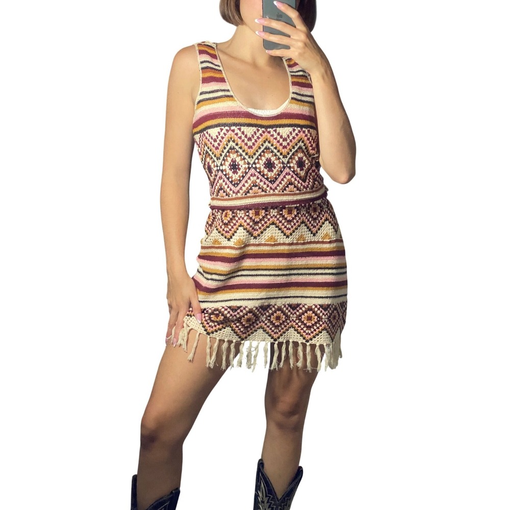 Idyllwind Boho Cowgirl Multicolor Crochet Mini Dress Western Festival Fringe -XS